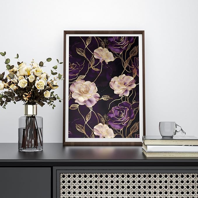 Dark Floral Wallpaper Peel and Stick Purple/Gold Rose Flower Contact Paper Wall Paper Waterproof Self-Adhesive Wall Covering for Bedroom Countertop Desk Cabinets Decor Renter Friendly 17.4" x 118"
