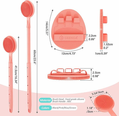 Soft Silicone Back Scrubber & Bath Glove 2PCS, 16''- 24'' Extendable Back Scrubber with Dual-Side Head, 360° Anti-Slip & Hand-fit Silicone Body Scrubber for Rich Foaming Deep Cleaning(Pink)