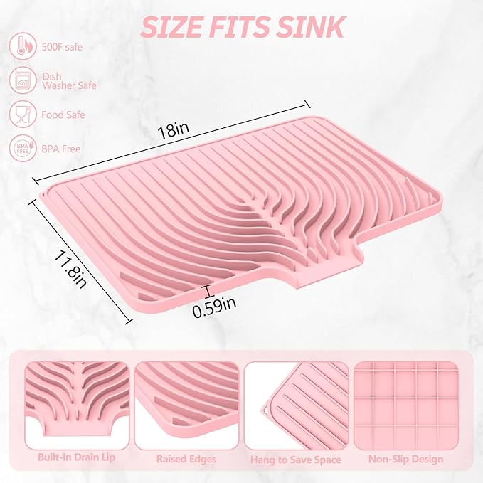 Dish Drying Mat for Kitchen Counter, with Built-in Drain Lip, Food-Grade Silicone, Easy Clean Pad for Countertop Protection, Multi-Functional Use (18x11.8, Pink)