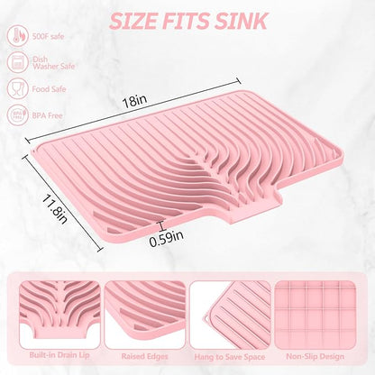 Dish Drying Mat for Kitchen Counter, with Built-in Drain Lip, Food-Grade Silicone, Easy Clean Pad for Countertop Protection, Multi-Functional Use (18x11.8, Pink)