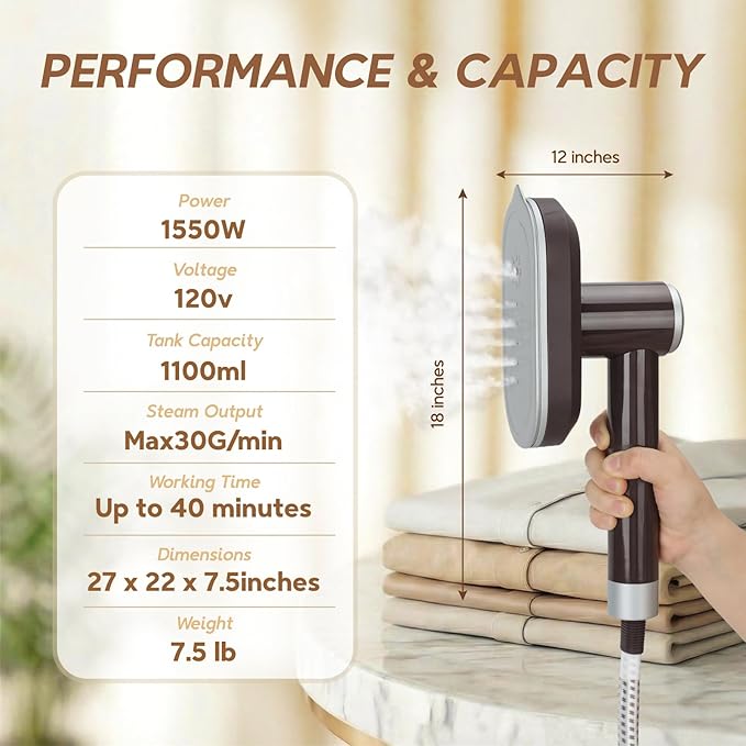 2 In 1 Steamer for Clothes: 1550W Powerful Steamer with 1100ml Detachable Tank, 30s Fast Heat-Up, Horizontal & Vertical Use, Portable Wrinkle Remover for Clothes Drapes Bedding (Brown)