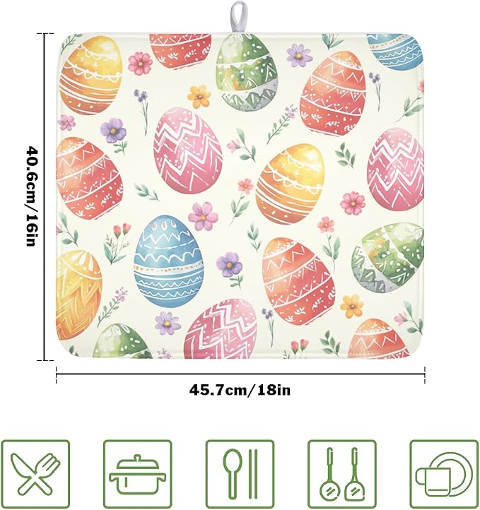 Easter Dish Drying Mat for Kitchen Counter Colorful Easter Eggs Floral Pattern Drying Mat 16x18 Inch Spring Holiday Absorbent Dish Drainer Mat Kitchen Accessories
