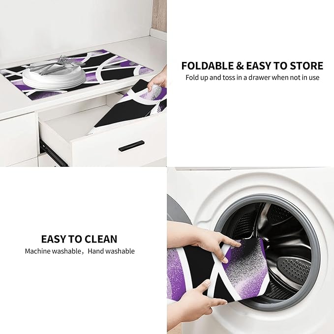 Purple Black White Geometric Abstract Dish Drying Mat for Kitchen Counter & Sink, 18" x 24" Absorbent Microfiber Drying Pad for Dishes, Foldable Modern Art Kitchen Mat for Dishes Small Appliances