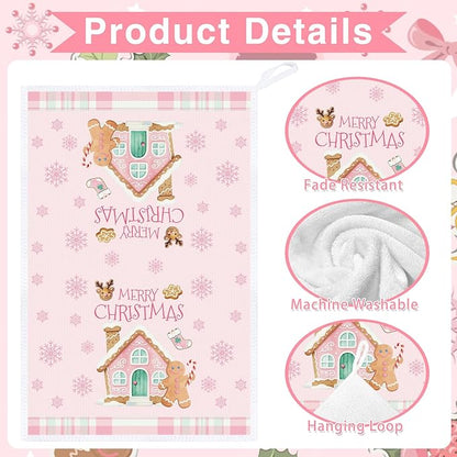 Pink Christmas Kitchen Towels, 6PCS Gingerbread Hand Tea Towels Set Xmas Housewarming Gifts, Candy Cane Kitchen Dish Clothes Bathroom Holiday Decor Supplies