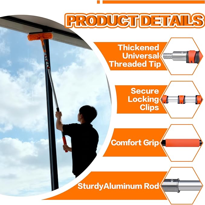 20FT High Reach Duster Cleaning Kit with 5-13 FTExtension Pole, High Ceiling Fan Cleaner Duster Tool for Fan Blades, Extendable Reusable Cobweb, Feather, Window Cleaning Squeegee Kit (12FT)