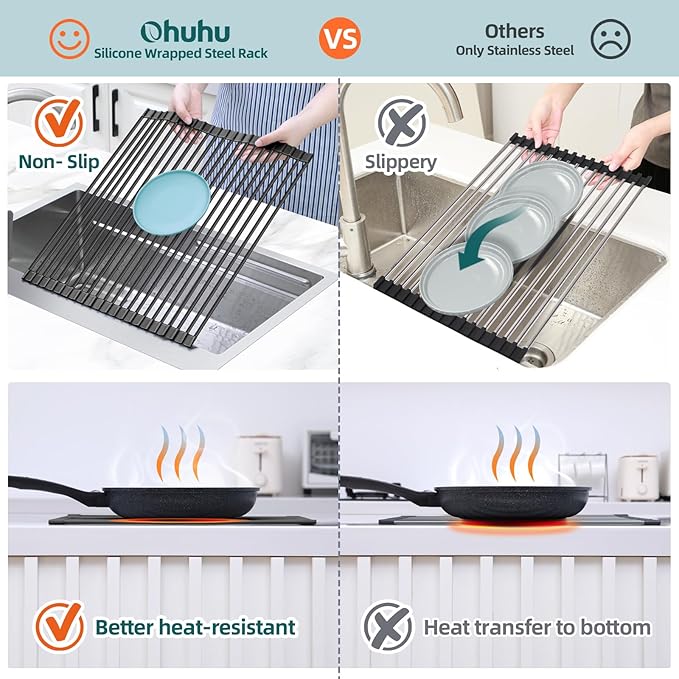Ohuhu Over The Sink Dish Drainer Drying Rack, 17.6" W x 15.4" L Roll Up Dish Racks Kitchen Sink Organizer Silicone Wrapped Large in Sink Dish Drying Rack Foldable Rolling Drain Mats Anti-Slip