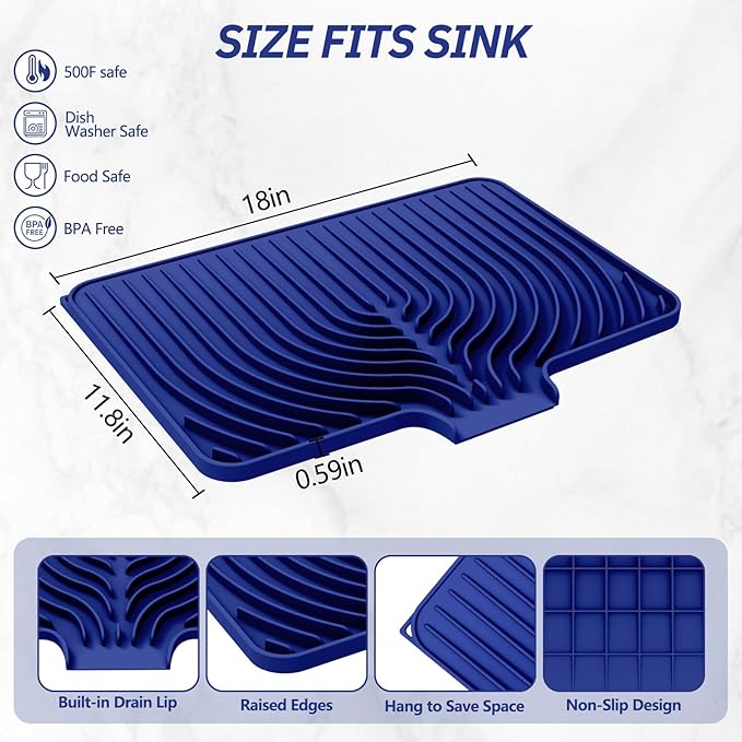 Dish Drying Mat for Kitchen Counter, with Built-in Drain Lip, Food-Grade Silicone, Easy Clean Pad for Countertop Protection, Multi-Functional Use (18x11.8, Midnight Blue)