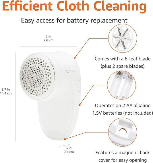 Amazon Basics Battery Operated Fabric Shaver for Clothes, Remove Pilling, Lint and Fuzz Removal, 6-Leaf Blades with Safety Lock, Portable, Includes 2 Spare Blades, White