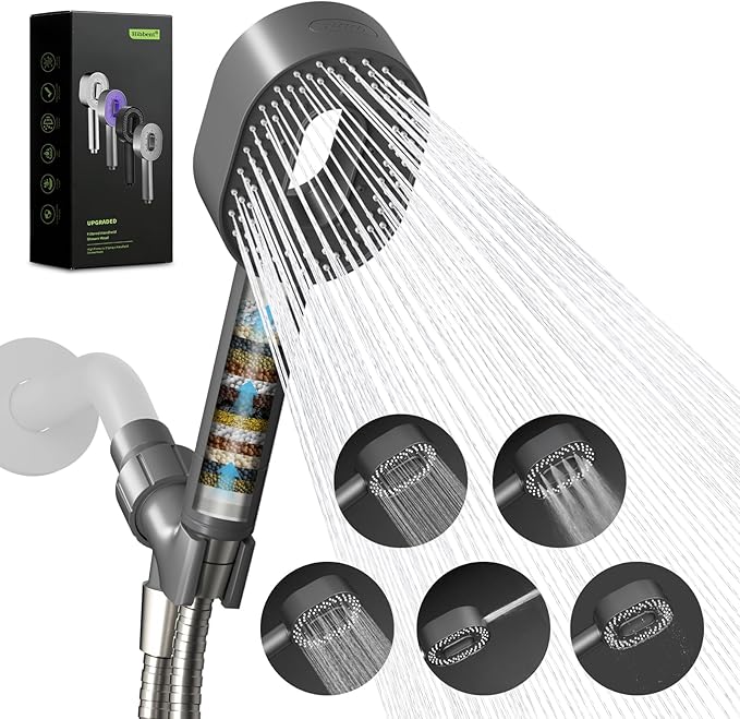 Hibbent Filtered Showerhead with handheld, High Pressure 5 Sprays Handheld Shower Head with Brass Holder& 71" Metal Hose, Water Softener for Hard Water-Remove Chlorine, Reduces Dry Itchy Skin, Gray
