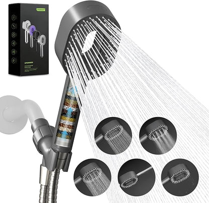 Hibbent Filtered Showerhead with handheld, High Pressure 5 Sprays Handheld Shower Head with Brass Holder& 71" Metal Hose, Water Softener for Hard Water-Remove Chlorine, Reduces Dry Itchy Skin, Gray