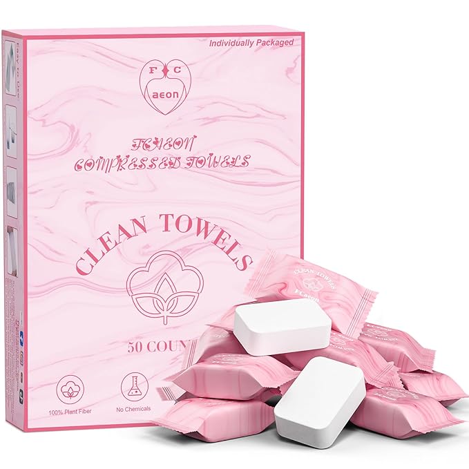 Disposable Face Towel Large Ultra Soft Compressed Towel Tablets for Travel Individually Wrapped, 12x9 Inch Portable Face Washcloths Reusable for Gym Hiking Camping Outdoor Sports(50 Pcs Pink)
