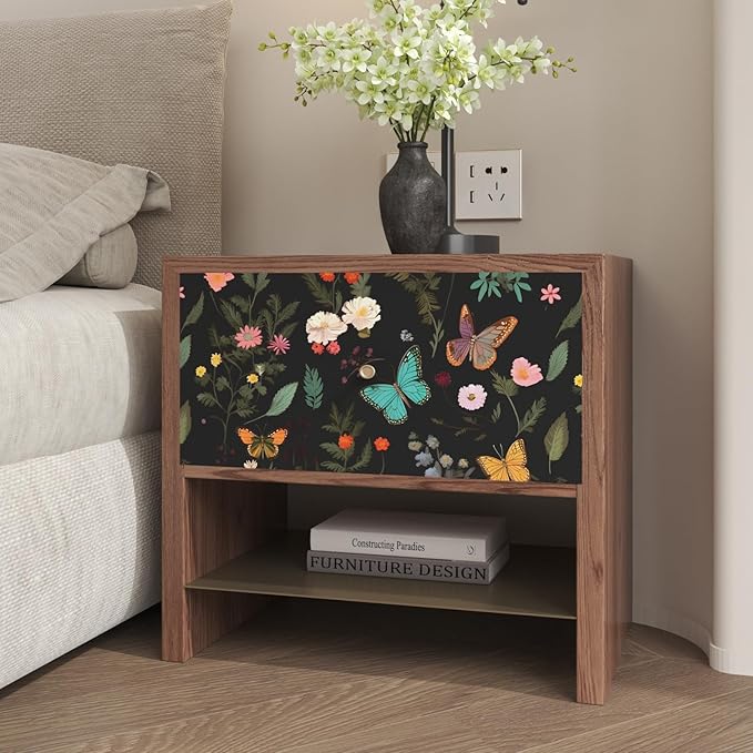 Dark Butterfly Peel and Stick Wallpaper, 17.5In x 197In Boho Floral Self-Adhesive Contact Paper, Vintage Removable Vinyl Dark Wallpaper for Girls Bedroom Shelves Cabinets Black Colorful