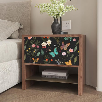 Extra Long Black Butterfly Peel and Stick Wallpaper, 17.5In x 393In Boho Dark Floral Self-Adhesive Vinyl Contact Paper, Vintage Removable Wallpapers for Bedroom Shelves Cabinets Colorful
