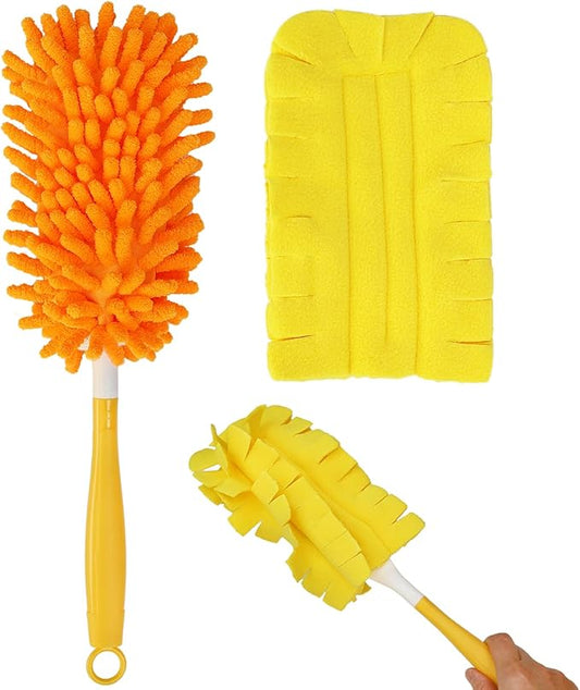 2 Pcs with 1 Handle Reusable Duster Refills, Washable Microfiber Dusters, 360°Cleaning Tools for Home, Office, Blinds, Car, Pet, Furniture, Fan