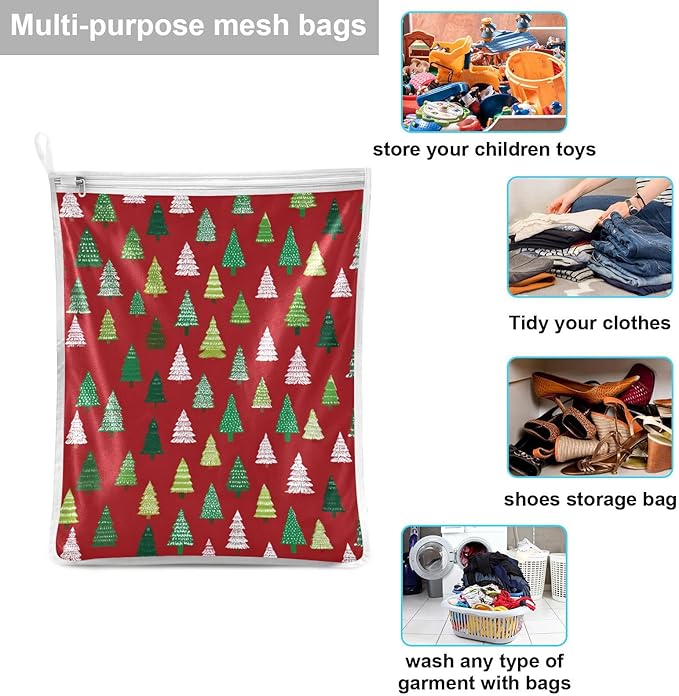 Mesh Laundry Bags Lingerie Bags for Washing Delicates 2 PCS Durable Wash Bag with Zipper Small and Medium Washable Christmas Trees White Green