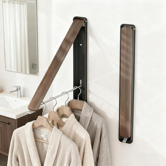 Clothes Drying Rack Wall Mounted for Laundry, Retractable & Foldable Clothes Hanger, Indoor Outdoor Wall Dryer Rack Organization for Dorm, Closet, Apartment, Balcony, Laundry, Rv, Walnut