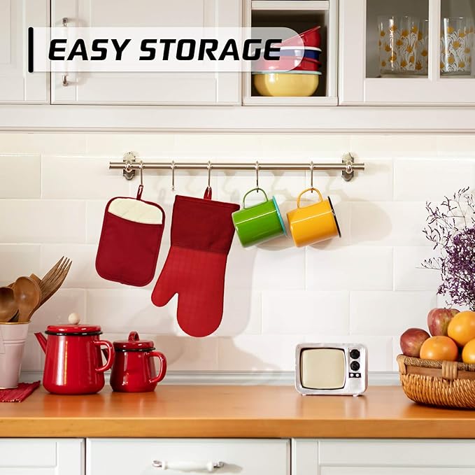 HOMWE Silicone Kitchen Pot Holders with Pockets, 2 Pc Set Trivet, Steam and Heat Resistant Hand and Countertop Protection Hot Pads, Non-Slip Grip potholders, Terrycloth Interior Lining, Red