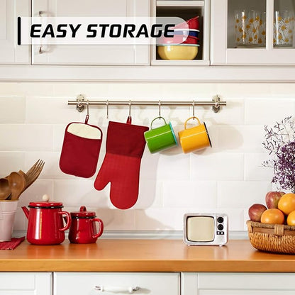 HOMWE Silicone Kitchen Pot Holders with Pockets, 2 Pc Set Trivet, Steam and Heat Resistant Hand and Countertop Protection Hot Pads, Non-Slip Grip potholders, Terrycloth Interior Lining, Red