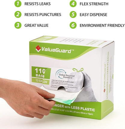 ValueGuard Large Trash Bags 13 Gallon Tall Kitchen Drawstring 100% Post-Consumer Recycled Garbage Bags Waste Bag for Office 0.6 Mil (110 Count)