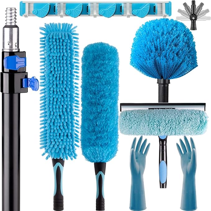 25 Foot High Reach Ceiling Fan Duster with 7-18ft Heavy Duty Extension Pole, Microfiber Feather, Cobweb Duster, Window Squeegee Kit, Cleaning Gloves