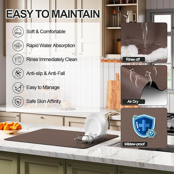 Ecotrim - Dish Drying Mat for Kitchen Counter | Coffee Bar Mat for Countertops | Heat Resistant Drainer Mat with Non-slip Rubber Backed | Hide Stain Kitchen Absorbent Draining Mat | Brown 16"x24"