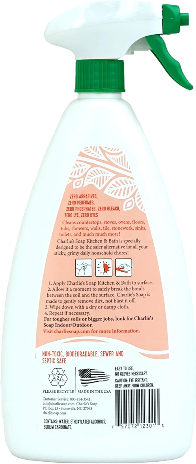 Charlie's Soap Kitchen & Bath Household Cleaner Spray (32 Fl. Oz., 6 Pack) Natural Kitchen and Bathroom Multi-Surface Cleaner – Non-Toxic and Biodegradable
