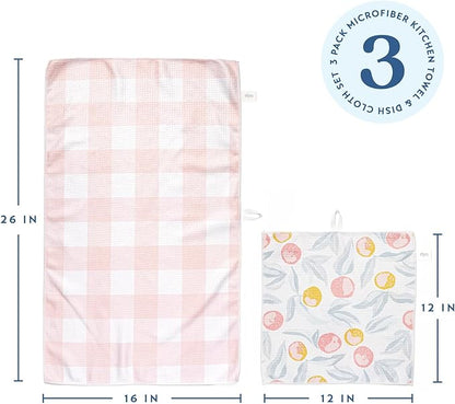 ELYN Microfiber Kitchen Dish Towel & Dish Cloth Set, Quick-Dry & Absorbent Waffle Weave Cleaning Cloths, Set of One Kitchen Towel & Two Washcloths, Paper Towels Alternative (Oranges & Gingham)