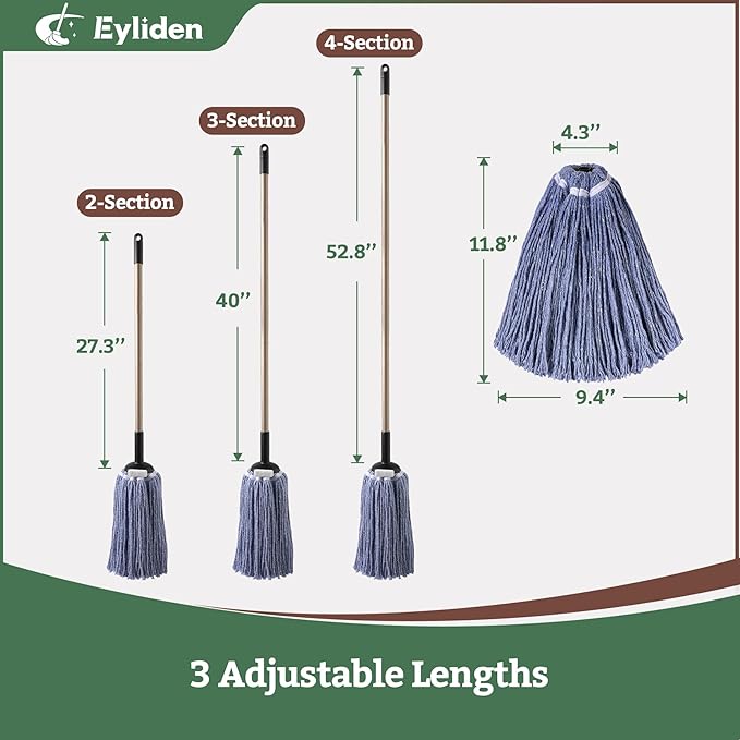 Eyliden Heavy Duty Floor Mop with Non-Touch Replacement | 2 Reusable Cotton Heads + 4 Scouring Pads | Wet & Dry Mops for Home & Commercial, Kitchen, Garage & Office Floor Cleaning, Blue