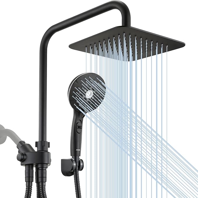 Ryamen Dual Shower Head Combo, 8'' High Pressure Rain Shower Head with Handheld Spray, 6 Settings Handheld Showerhead, 15" Height Adjustable Slide Bar, Angle Adjustable, Matte Black