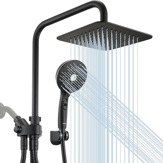Ryamen Dual Shower Head Combo, 8'' High Pressure Rain Shower Head with Handheld Spray, 6 Settings Handheld Showerhead, 15" Height Adjustable Slide Bar, Angle Adjustable, Matte Black