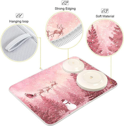Christmas Forest with Snow Falling Santa Dish Drying Mat for Kitchen Counter Super Absorbent Drying Mat 18x24 inch Large Dish Drying Matts for Countertop Protector Dishes Pad