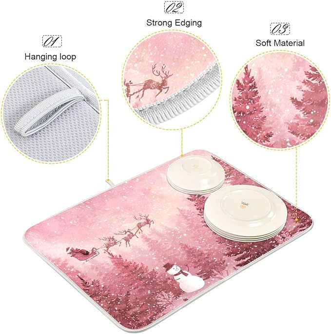 Christmas Forest with Snow Falling Santa Dish Drying Mat for Kitchen Counter Super Absorbent Drying Mat 16x18 inch Large Dish Drying Matts for Countertop Protector Dishes Pad