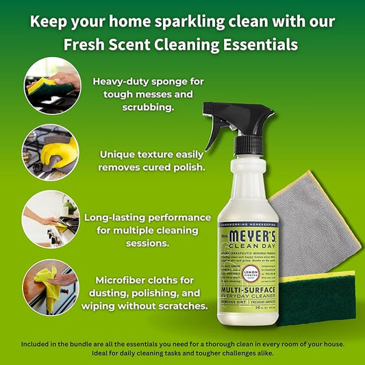Mrs Meyers Cleaning Spray With Sponge & Microfiber Towel - All Purpose Cleaner & Mrs Meyers Multi-surface Cleaner - Kitchen Cleaner Spray & Multipurpose Cleaner, Myers All Purpose Cleaning Spray, 16oz