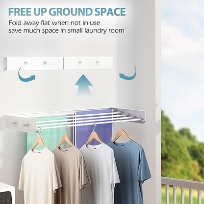 Wall Mounted Drying Rack 31.5", Upgrade 6 Knob Hooks, 5 Aluminum Poles, 40 lb. Load Capacity, Foldable, Retractable, Space Saving Clothes Drying Rack (31.5" White)