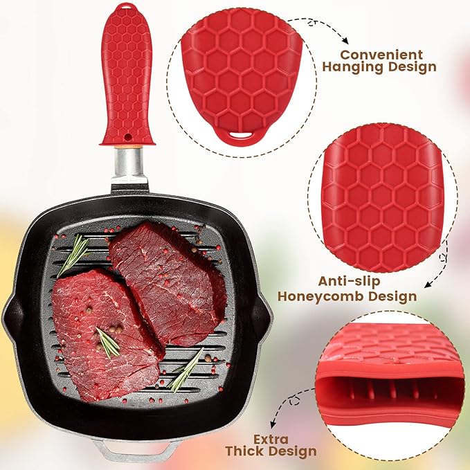 Cast Iron Scrubber, Kitchen Cleaning Set Including Honeycomb Non-Slip Silicone Pot Handle Holder, 2 Pan Grill Griddle Scrapers, Bamboo Handle Brush, 316 Stainless Steel Chainmail for Easy Clean