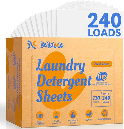 BellaLuce Laundry Detergent Sheets - Laundry Sheets, 240 Loads, Eco-Friendly, Plastic-Free, Fresh Linen Scent, Space Saving, Fast Dissolve & Hypoallergenic, Laundry Detergent for Home,Dorms,Essentials