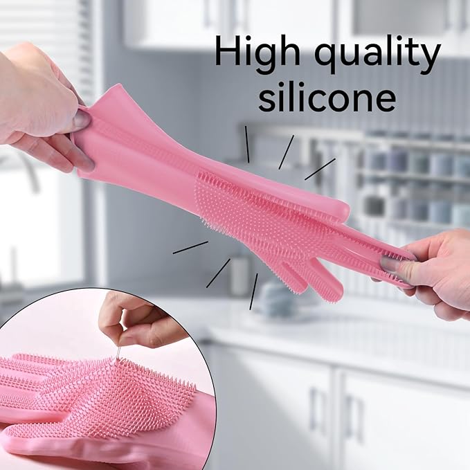 Silicone Dishwashing Gloves, Kitchen Gloves for Washing Dishes Reusable Waterproof Dishwashing with Cleaning Brush