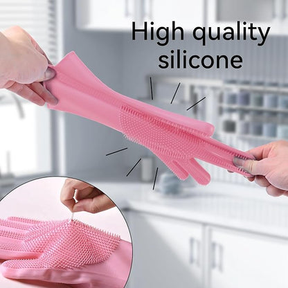 Silicone Dishwashing Gloves, Kitchen Gloves for Washing Dishes Reusable Waterproof Dishwashing with Cleaning Brush