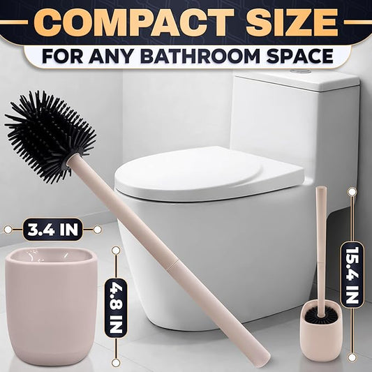 Toilet Brush and Holder Set - Silicone Toilet Brush Cleaner with Cream Holder Base, Compact Bath Accessory for Small Spaces - Easy to Place & Simple to Store After Use, Plastic Bathroom Cleaning Tool