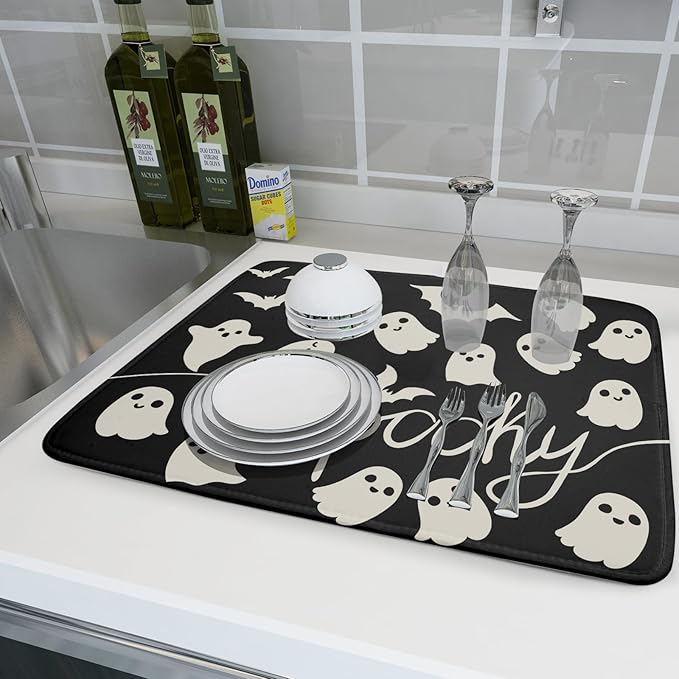 Halloween Dish Drying Mat for Kitchen Counter 18x24 Cute Ghost Black Spooky Holiday Scary Theme Absorbent Reversible Microfiber Drying Mats Kitchen Countertop Protector Dishes Drainer Pad