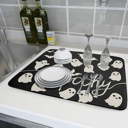 Halloween Dish Drying Mat for Kitchen Counter 18x24 Cute Ghost Black Spooky Holiday Scary Theme Absorbent Reversible Microfiber Drying Mats Kitchen Countertop Protector Dishes Drainer Pad