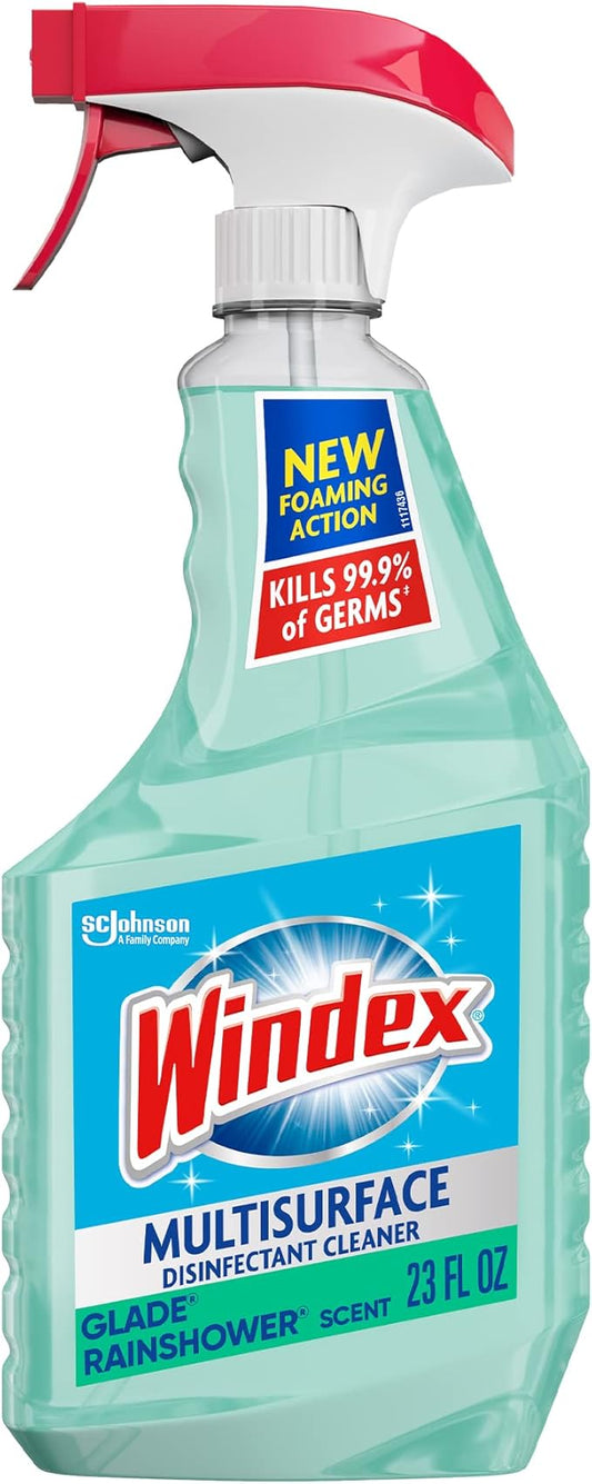 Windex Multipurpose Cleaner Disinfectant Spray Trigger Bottle, New Foaming Action Formula, Surface Cleaning Spray, Glade Rainshower Scent, 32 Fl Oz