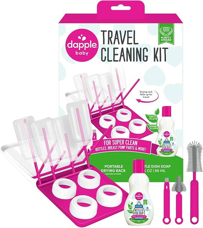 Dapple Travel Cleaning Kit with Bottle & Dish Soap, Drying Rack, Silicone Brush