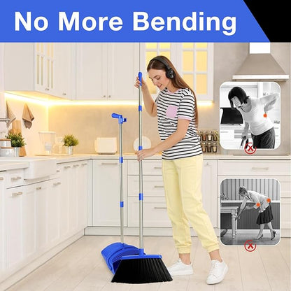 Broom and Dustpan Set, Long Handle Lightweight Dustpans with Broom Combo for Home, Indoor&Outdoor Sweeping for Home Room Kitchen Office Lobby (Dark Blue)