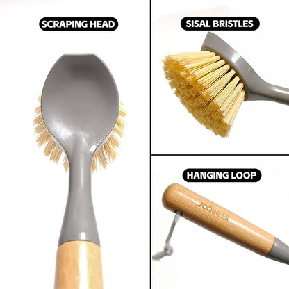 JOQINEER 2 Pack Kitchen Dish Brushes with Bamboo Handle, Dish Scrubber Built-in Scraper, Scrub Brush for Pans, Pots, Counter & Kitchen Sink Cleaning, Dishwashing and Cleaning Brush Tools