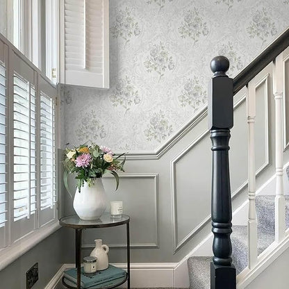 Ismoon Vintage Peel and Stick Wallpaper Floral Contact Paper Boho White and Grey Watercolor Damask Wallpaper Textured Removable Self Adhesive Vinyl Wall Paper for Bedroom, 17.3 in X 16.4ft