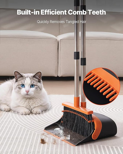 VEVOR Broom and Dustpan Set, Heavy Duty Dustpan and Broom Combo with Self-Cleaning Teeth, Metal Upright Standing Dust Pan with Long Handle, Ideal for Home, Restaurant, Office, Dorm, Black+Orange