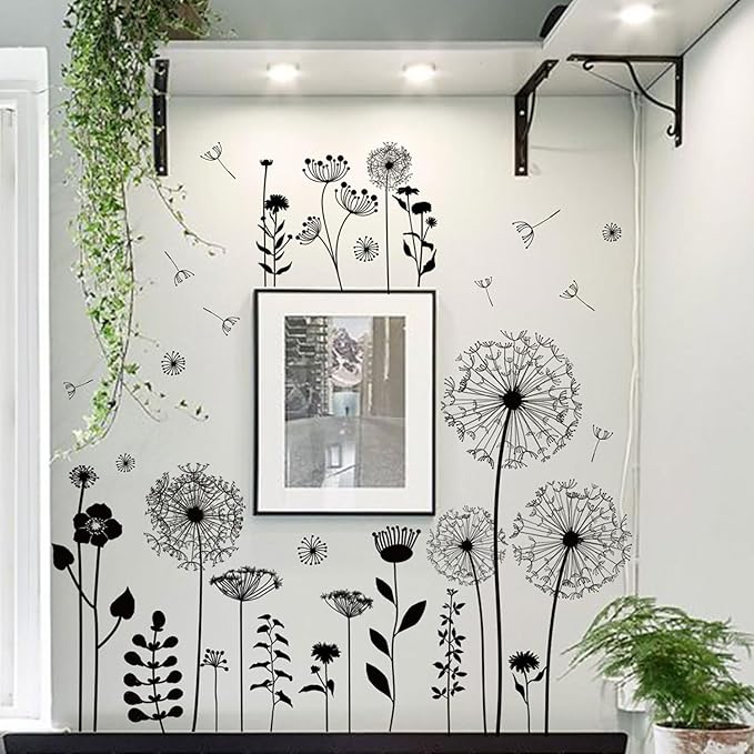 Black Dandelion Wall Decals Peel and Stick - Large Floral Wall Art Stickers with Flying Flowers, Boho Vintage Removable Vinyl Decor for Bedroom Living Room Nursery Bathroom