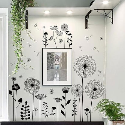 Black Dandelion Wall Decals Peel and Stick - Large Floral Wall Art Stickers with Flying Flowers, Boho Vintage Removable Vinyl Decor for Bedroom Living Room Nursery Bathroom
