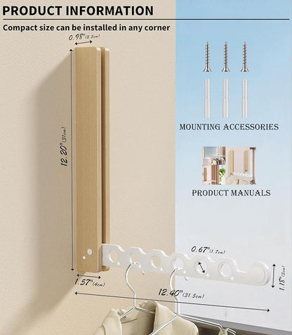 Natural Wood Folding Clothes Hanger Rack for Laundry Room, Wall Mounted Clothes Drying Rack, Laundry Drying Rack Foldable, Perfect for Small Spaces, Beech Wood White